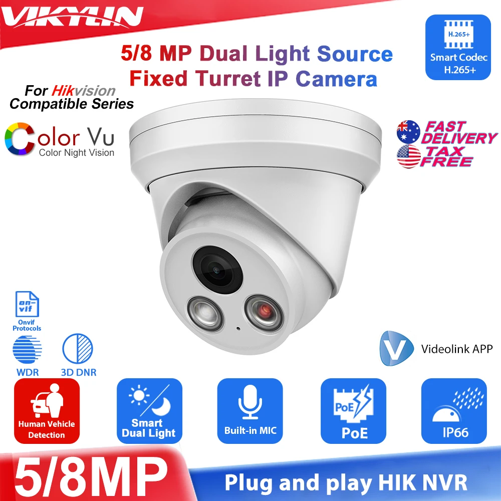 VIKYLIN 5MP/8MP Dual Light Turret Fixed IP Camera for Hikvision Compatible Motion Detection with MIC POE Outdoor Security Camera