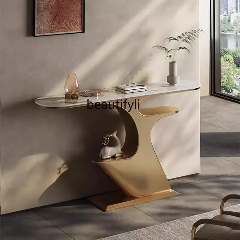 

Light luxury stainless steel entrance table Simple modern rock slab entrance table hotel High-end view table against the wall