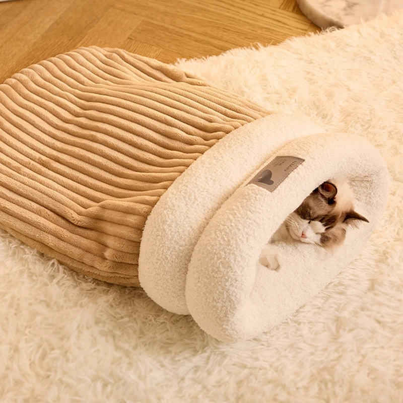 L Size Cat Sleeping Bag Semi-Enclosed Cats Dogs Warming Pad Soft Plush Winter Warm Cozy Beds Accessories For Cats Small Dog