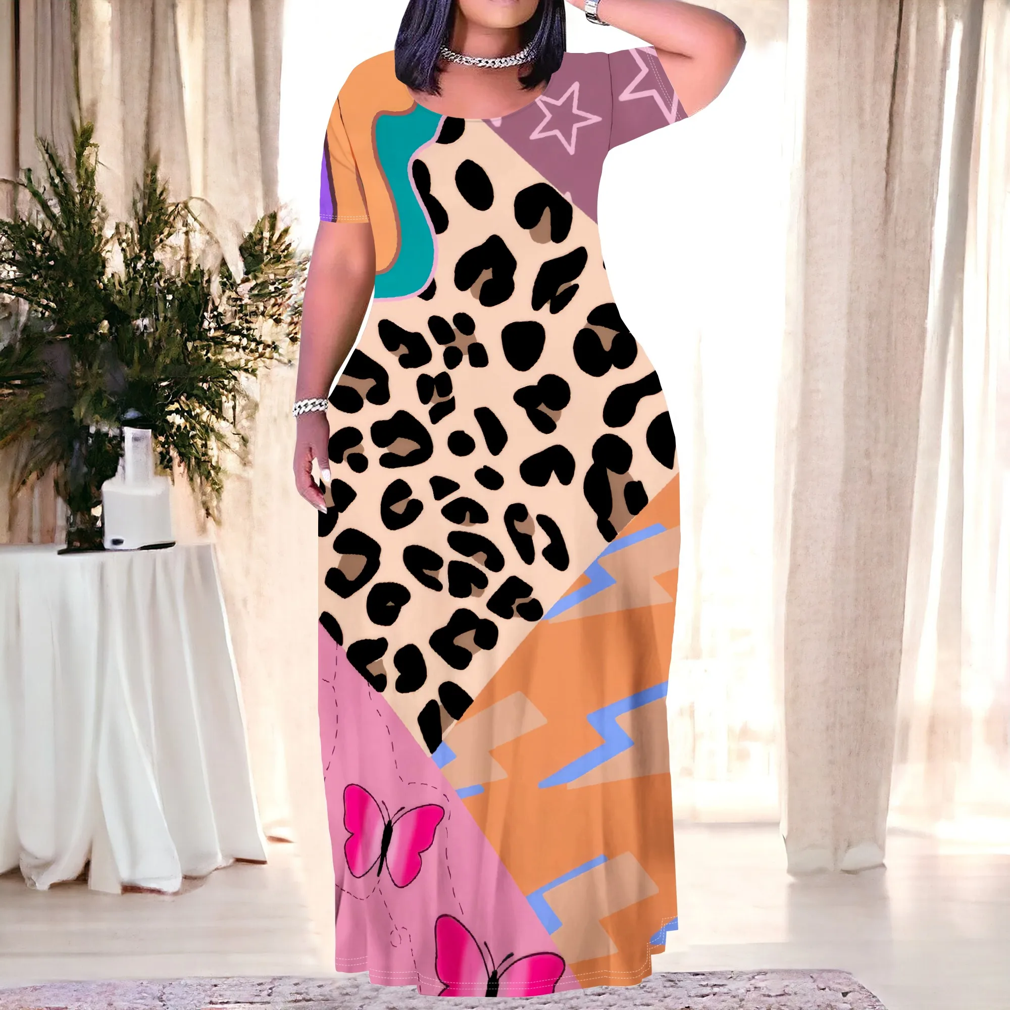 

Women's Red Abstract Short-Sleeve Crew Neck Printed Maxi Dress with Pocket Polyester Party Fall Stylish