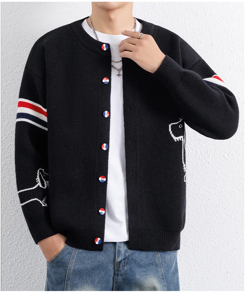 Hochwertige Herren-Strickjacke, Designer-Neuheit mit Hundeaufdruck, Rundhalsausschnitt, Frühling/Herbst, Klassischer Knopf, Gestreifter Modischer Freizeitpullover – Detail 14