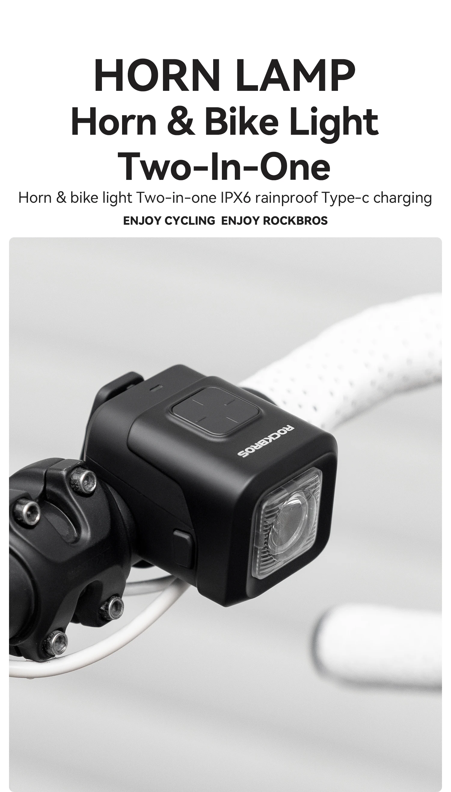 ROCKBROS Bike Horn Light IPX6 Rainproof Type-C Charging 2300mAh Headlight Illuminate Warn Two-in-One Electronic Horn Front Light