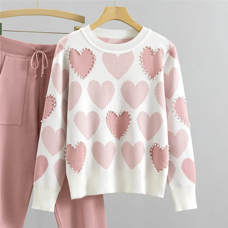 Fashion Women Sweater 2 Piece Sets Chic Knit Embroidery Bead Heartshape Pullovers Top + Spring Harem Pants Sport Tracksuits Suit