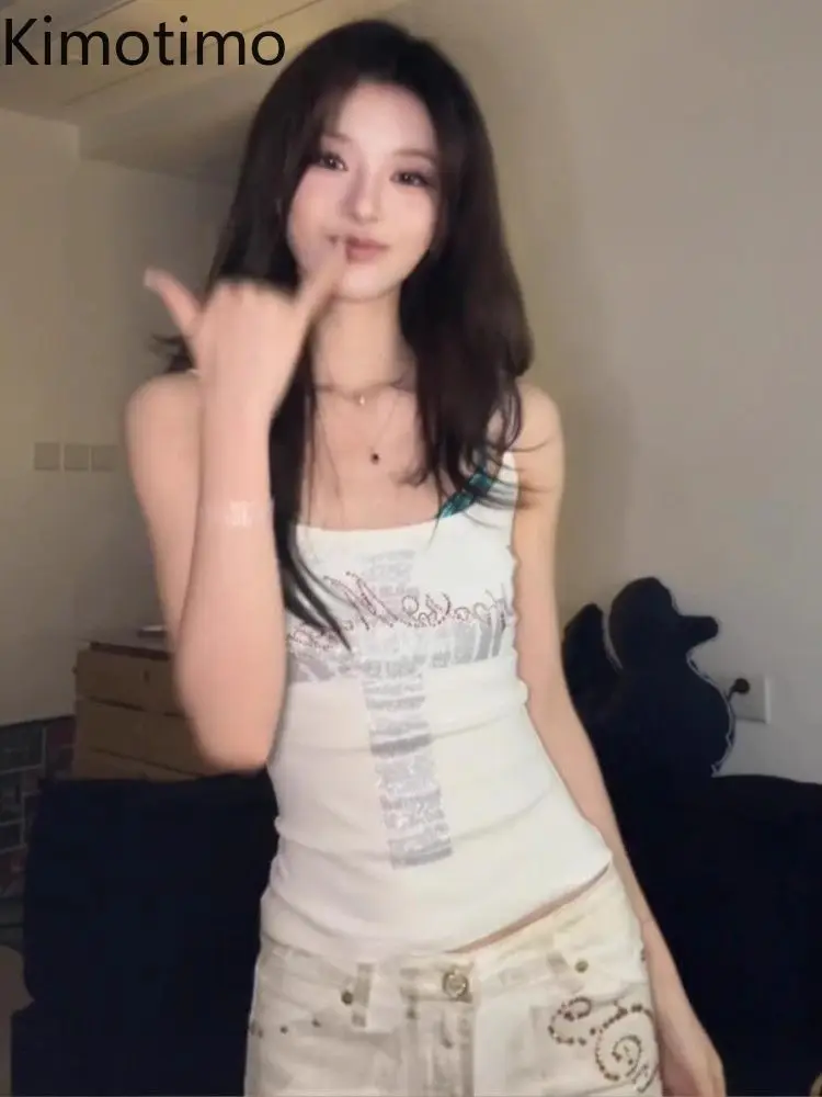 Kimotimo Letter Diamonds Cross Print White Camisole Vest Women Summer Sexy Slim Sleeveless Crop Top Street Y2k Aesthetic Tanks