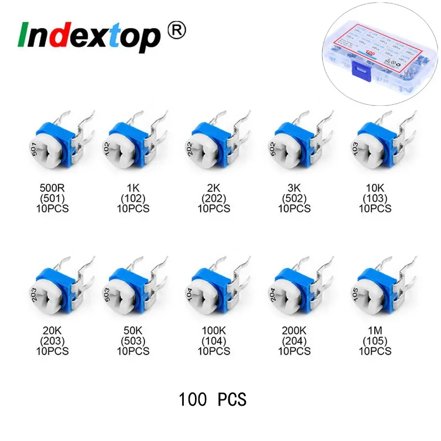 100pcs/lot RM065 Potentiometer Resistors Kit 500K 1M Ohm Trimmer Potentiometer Adjustable variable  Resistors Set 1K 10K 100K