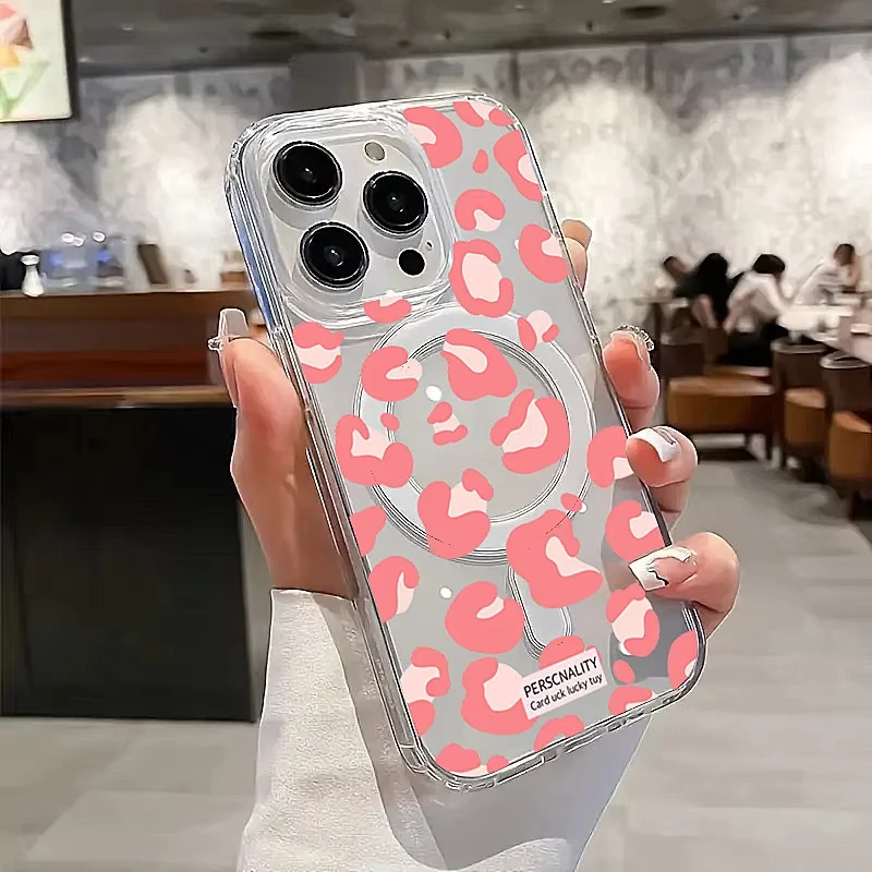 Etui z nadrukiem leoparda, przezroczyste, z obsługą ładowania bezprzewodowego MagSafe, do Samsung Galaxy S25 S24 S23 S22 Ultra Plus S21 FE, luksusowe, przezroczyste.