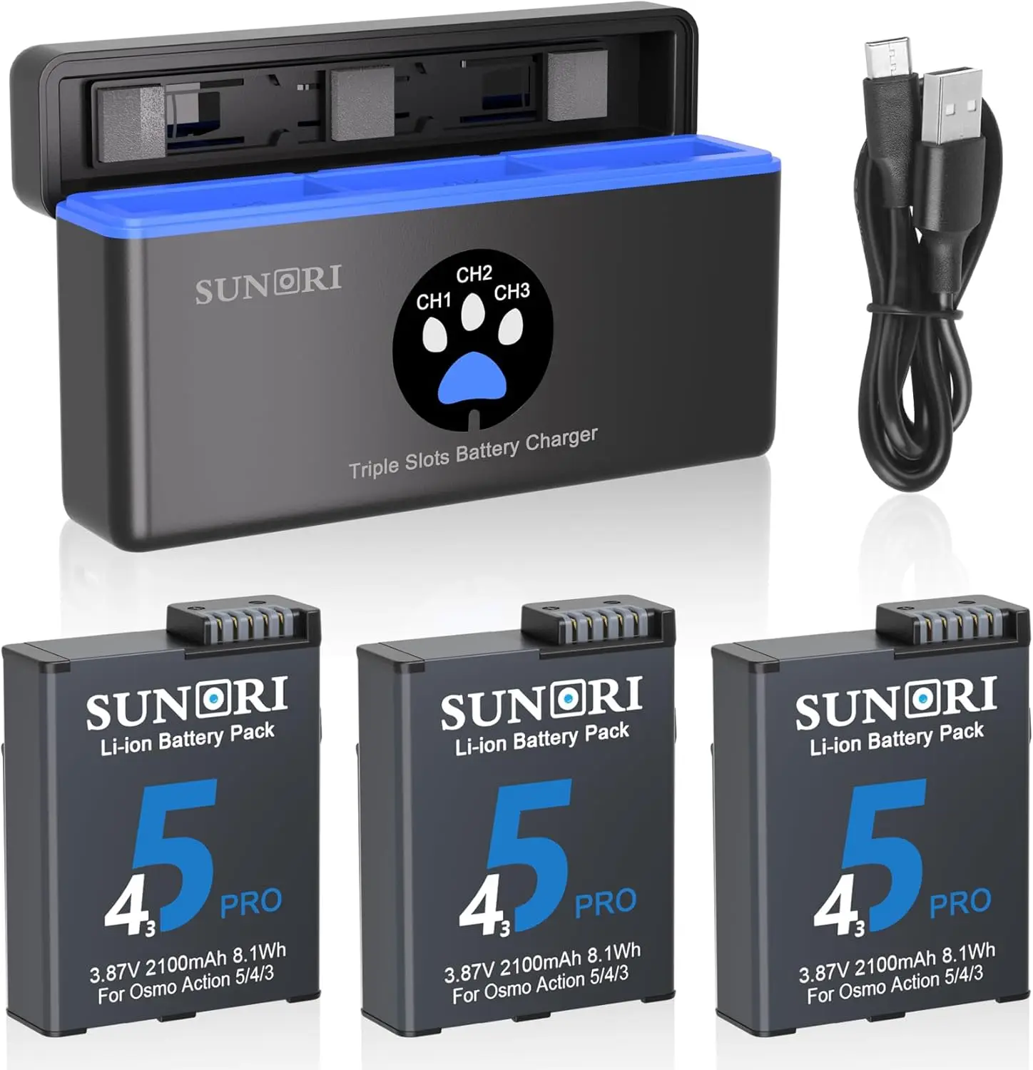 

KUNLUN 2,1 Ач для аккумулятора Osmo Action 5 Pro 4 3 и 3-канального концентратора быстрой зарядки, совместимого с камерой DJI Osmo, с кабелем Type-C