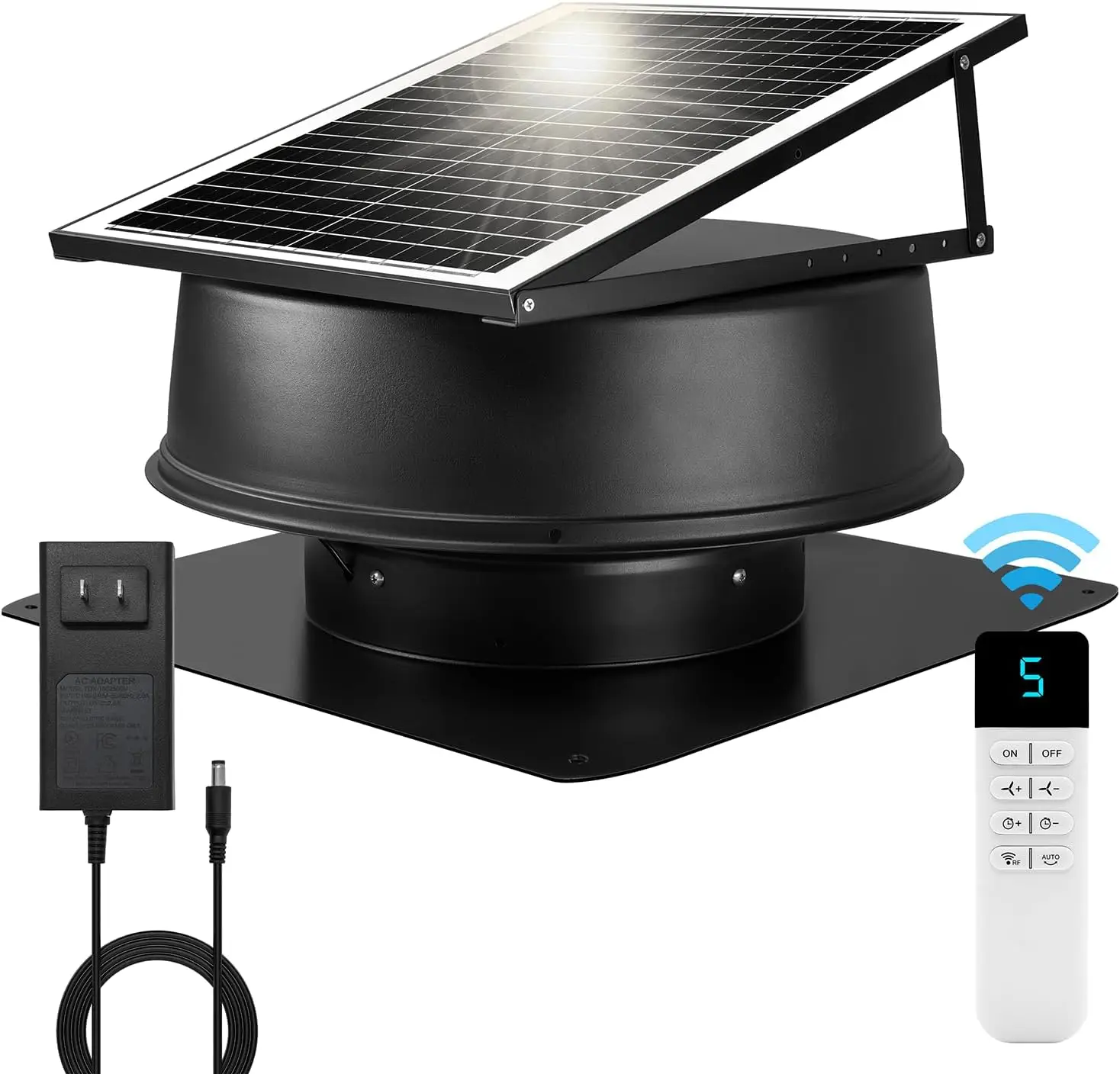 

Solar Attic Fan with Smart Adapter and Remote Control, 35W, 1250CFM High Air Flow Solar Roof Vent Fan Low Noise Weatherproof