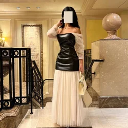 Customized Tulle Ruched Formal Evening A-line Off-the-shoulder Bespoke Occasion Gown Midi Dresses