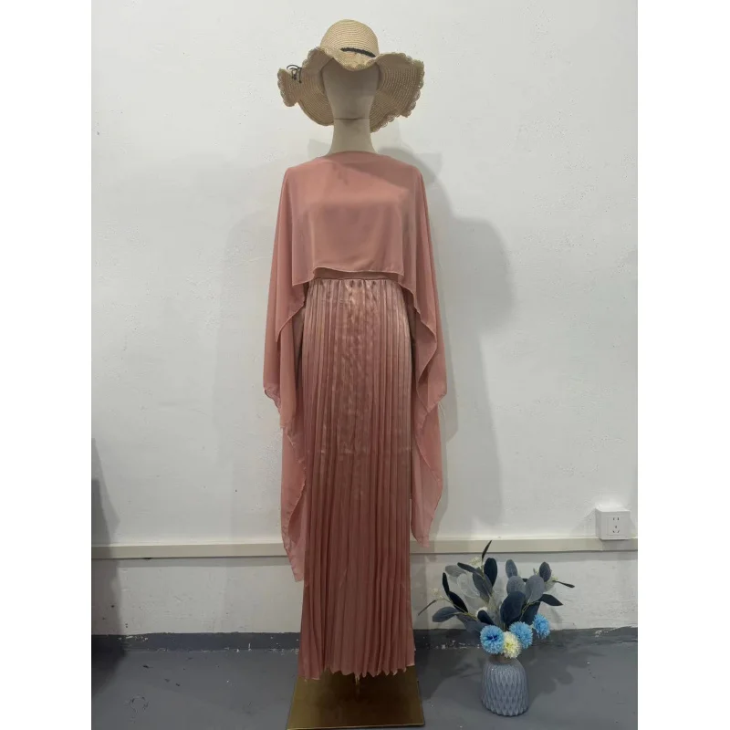 2025Autumn New Pink Pleated Elegant Waist-Cinching Long Sleeve Dress Set for Women