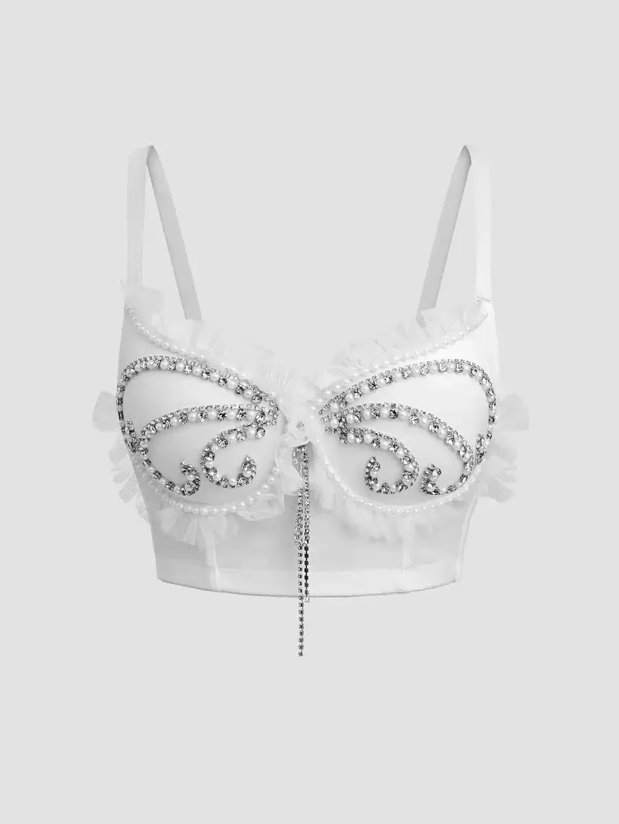 

French diamond tassel white suspenders with hot girl suspenders, retro women's high-end fashion and elegant fishbone bra