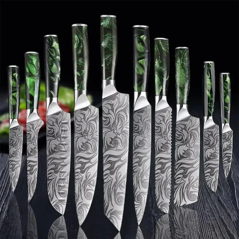 Laser Damaskus Muster Messer Set Kochmesser Japanisches Santoku Messer Geschnittenes Fleisch Obst Brot Gemüse Ausbeinmesser Harzgriff