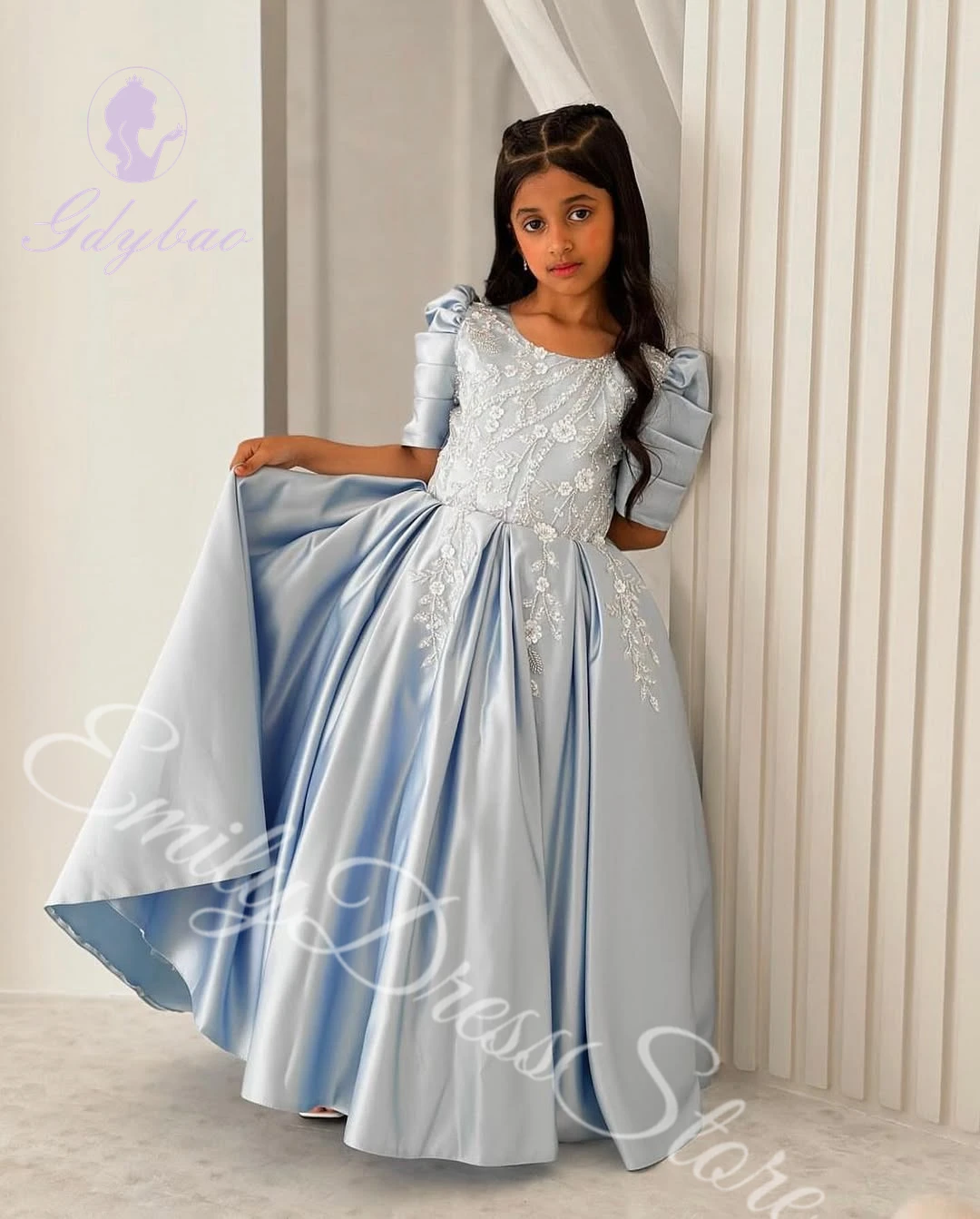 Vestido de niña de flores azul cielo personalizado para boda, satén, media manga, apliques hinchados, vestidos de baile de primera comunión de cumpleaños para niños