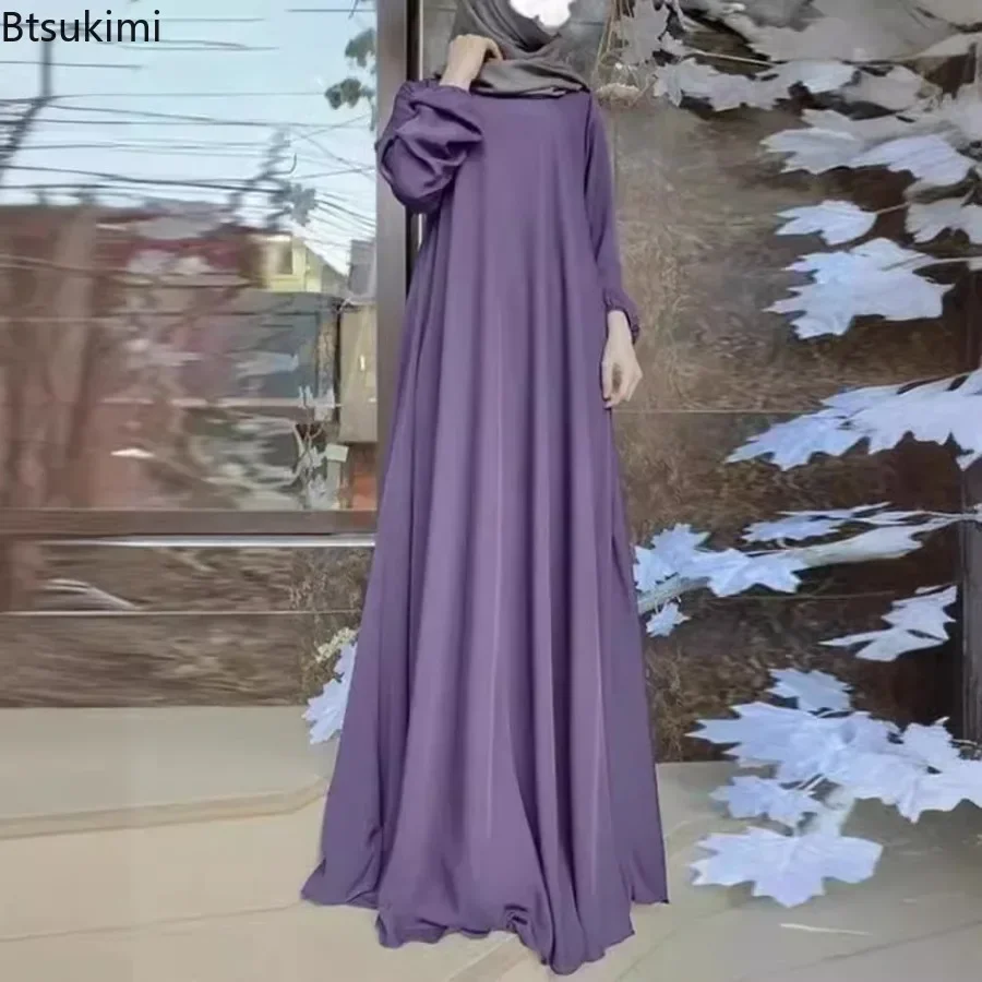 

Новинка 2026, женская одежда на Ближнем Востоке, однотонное, простое, свободное мусульманское платье, модное женское платье-кафтан с круглым вырезом и длинными рукавами