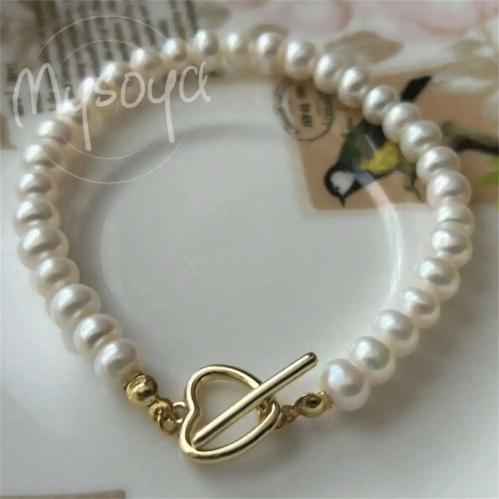 

MYSOYA White Freshwater Pearl Bracelet 6-7mm Pearls Gift Box Gift for Her Wedding Jewelry Christmas Birthday New Year Gift