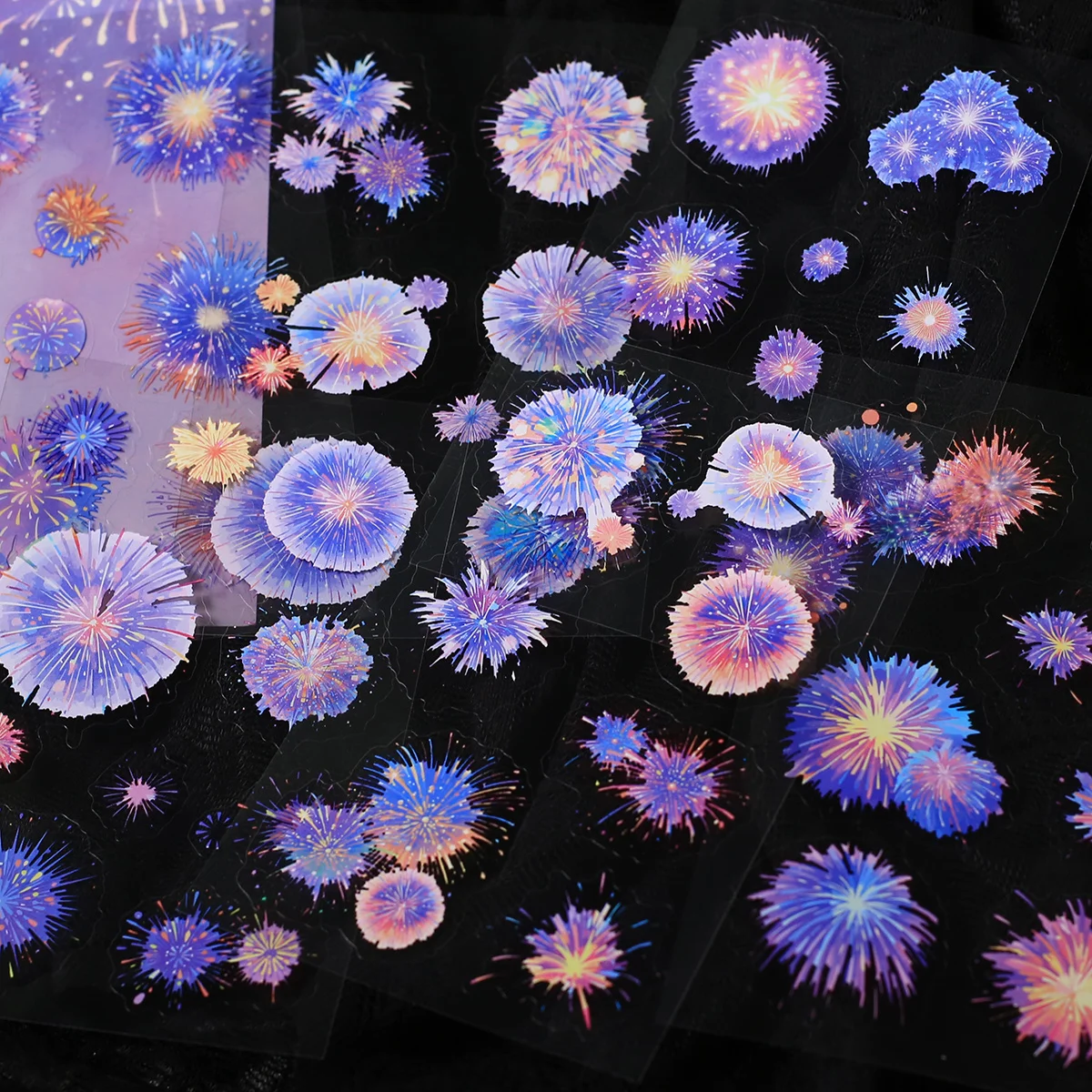 6 hojas de pegatinas de fuegos artificiales transparentes para mascotas, pegatinas para álbum de recortes, suministros para diario, pegatinas de decoración para diario de Collage
