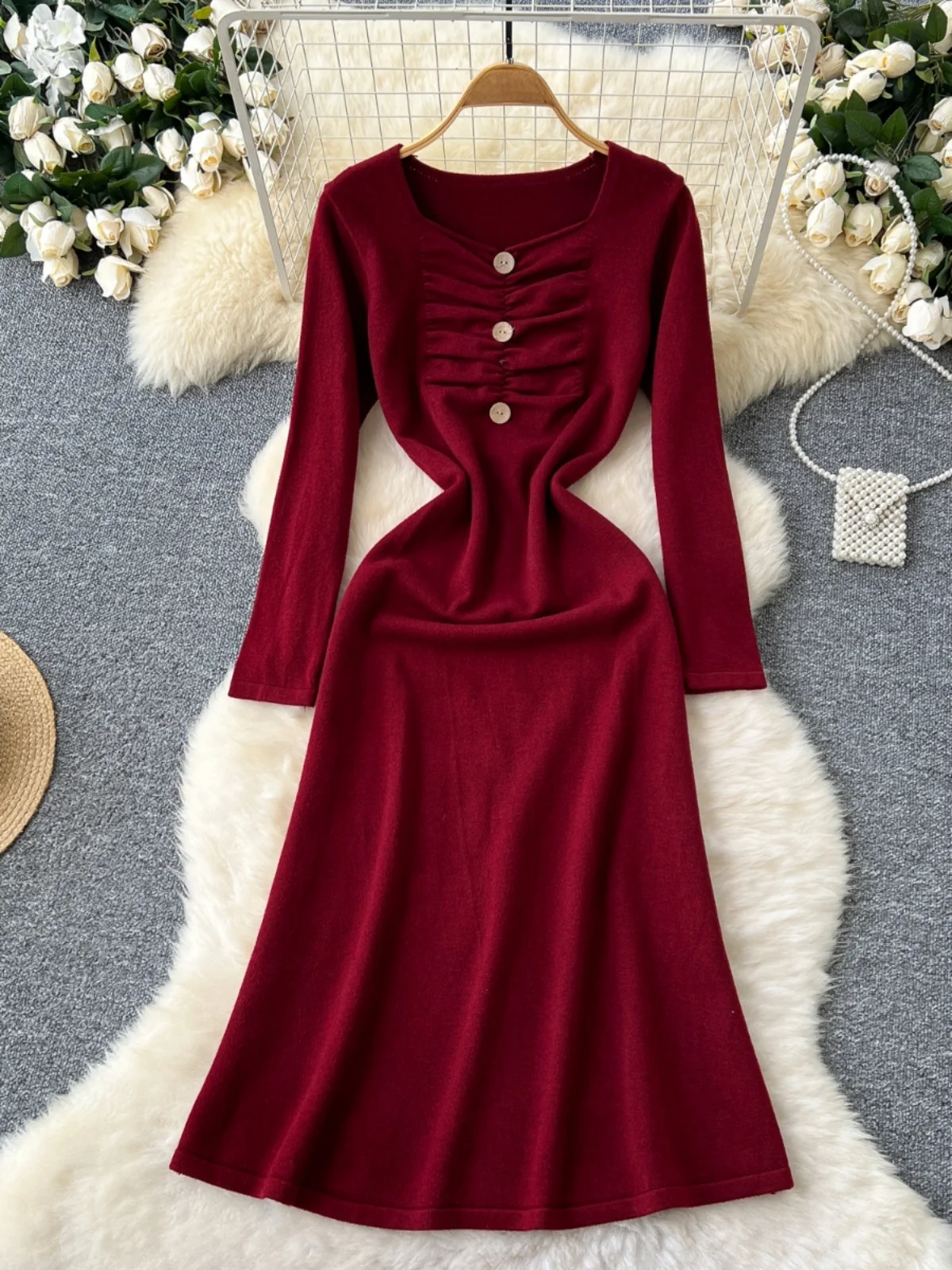 Koreanische Sle Hohe Taille Gestrickte Lange Sve Dr Frauen Fro mit Knopf Detail Quadrat Ne Design Geraffte Taille