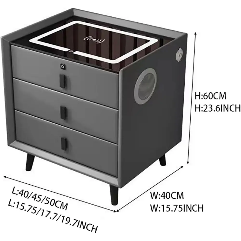 طاولة سرير ذكية مدمجة بإضاءة LED مع شحن، درجين، USB ومكبر صوت، رمادي/وردي/برتقالي/أبيض، 45x40x60 سم