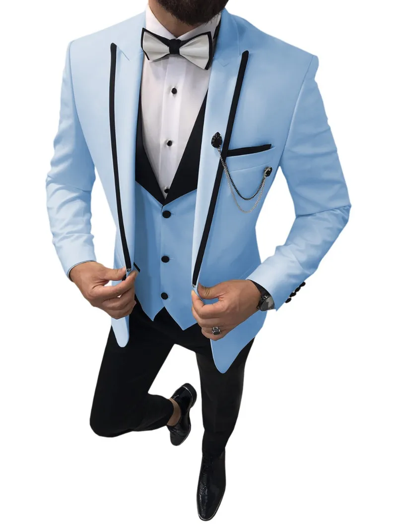 

2024 Latest Coat Pant Designs Formal Men Suits Wedding Sky Blue Peaked Lapel Groom Tuxedo Best Man Blazer 3 Piece Costume Homme