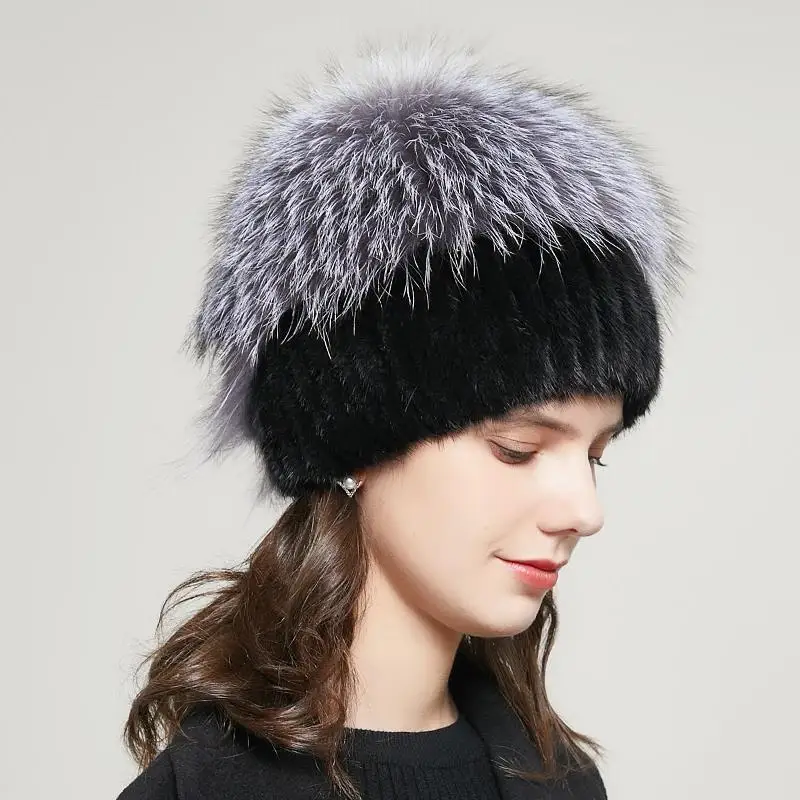 JKP Winter Warm Ladies Fashion Mink Knit Hat With Fox Fur Ball Ear Protection Russia Hot Sale Women Beanie Cap 20GYR-01