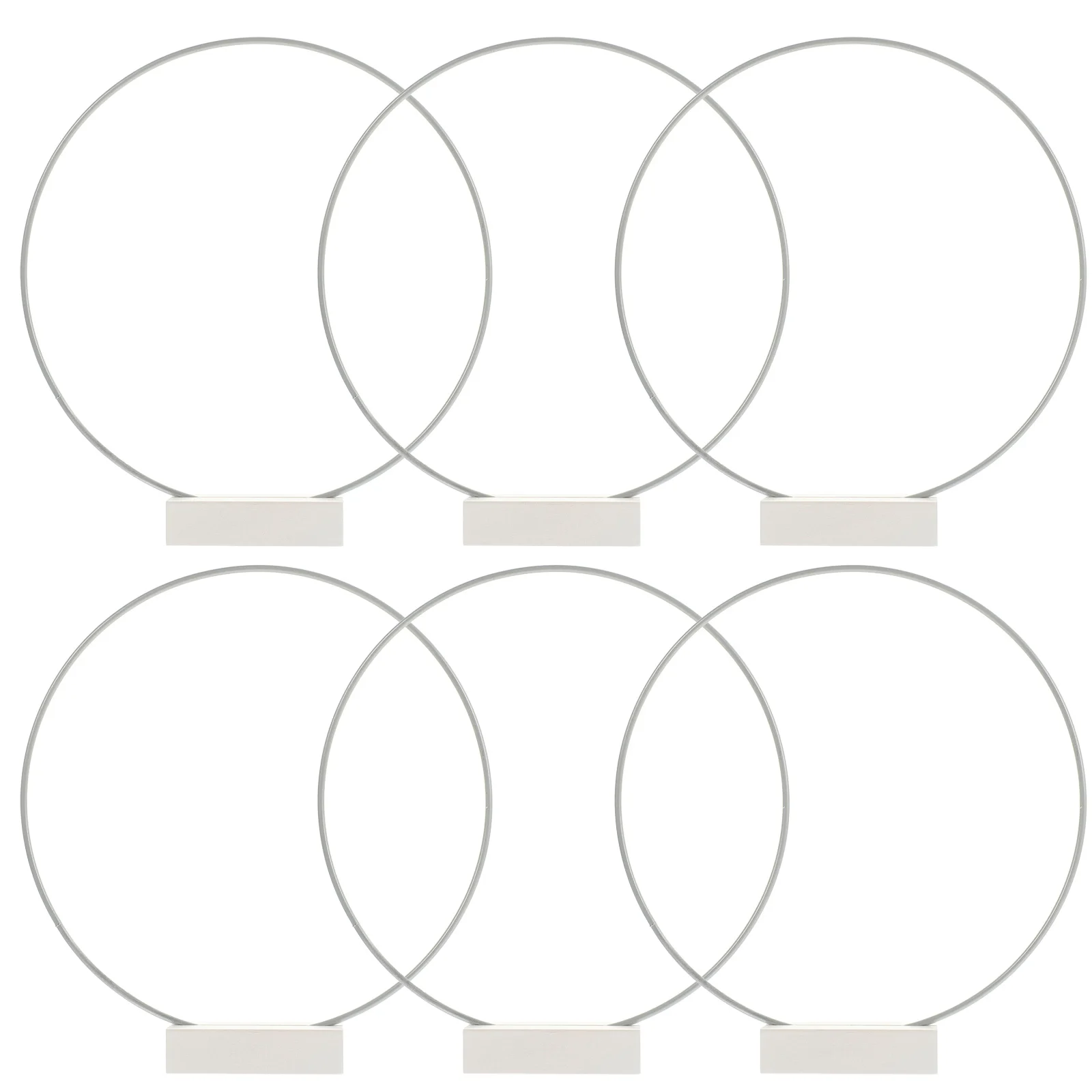 

6 Sets Wedding Wreath Metal Floral Hoop DIY Supplies 20cm Silver Iron Rings Wood Base Desktop Decor Craft Projects