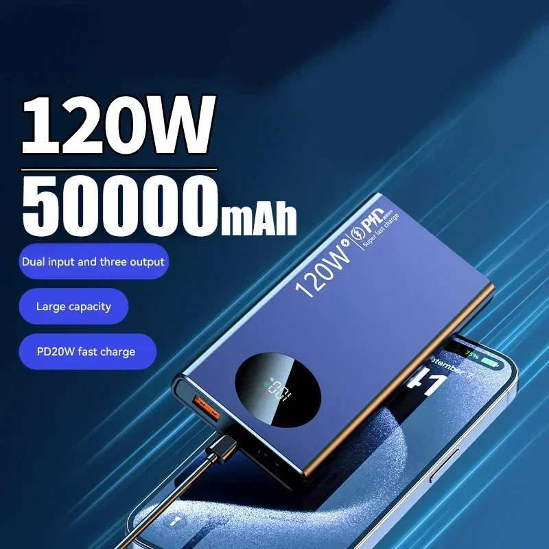 2025 New 50000mAh  High Capacity Power Bank 120W Fast Charging Powerbank Portable Battery Charger for iPhone Samsung Huawei