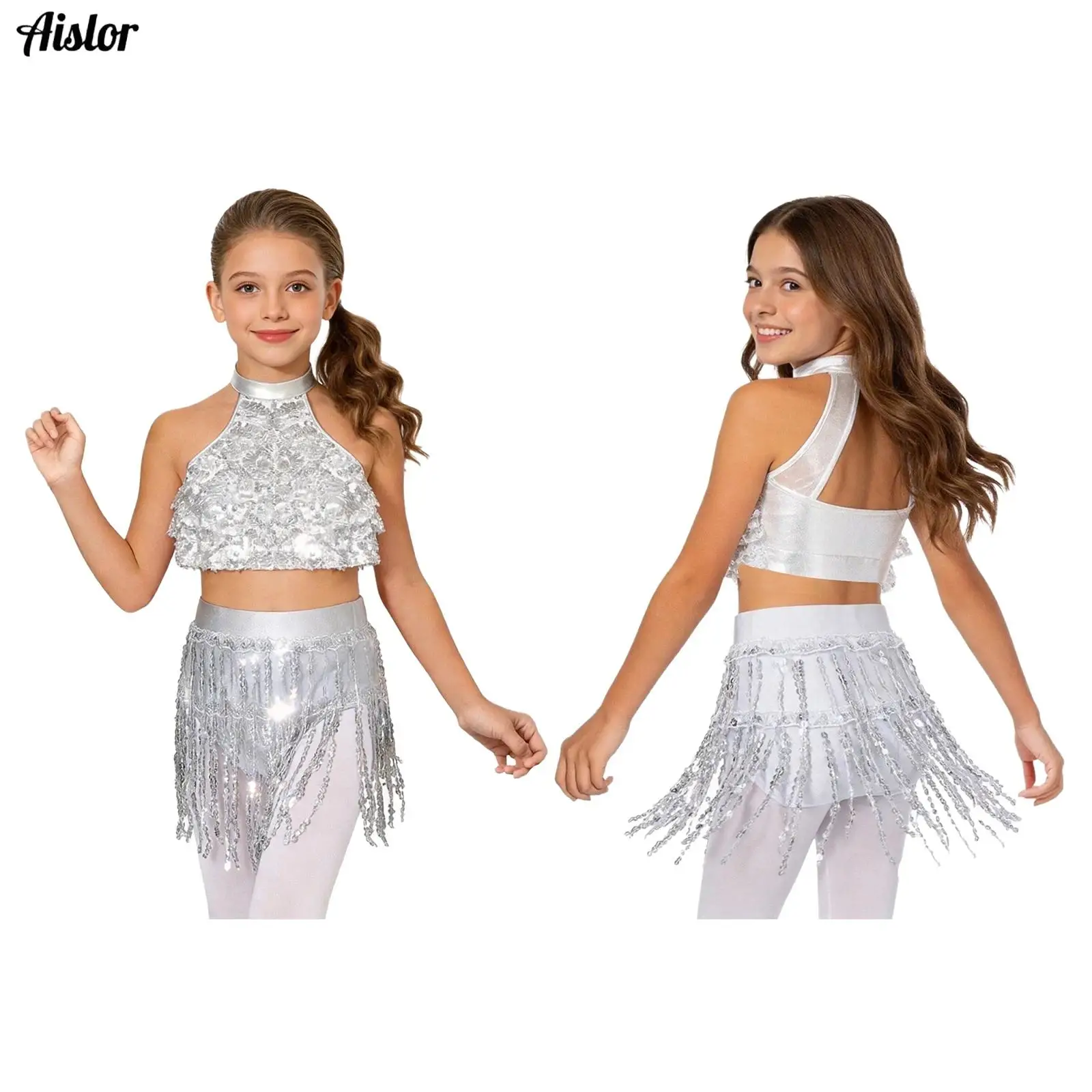 

Kids Girls Jazz Latin Dance Suit Gymnastics Ballet Jazz Hip Hop Dance Performance Costume Shiny Sequins Crop Top with Skirt