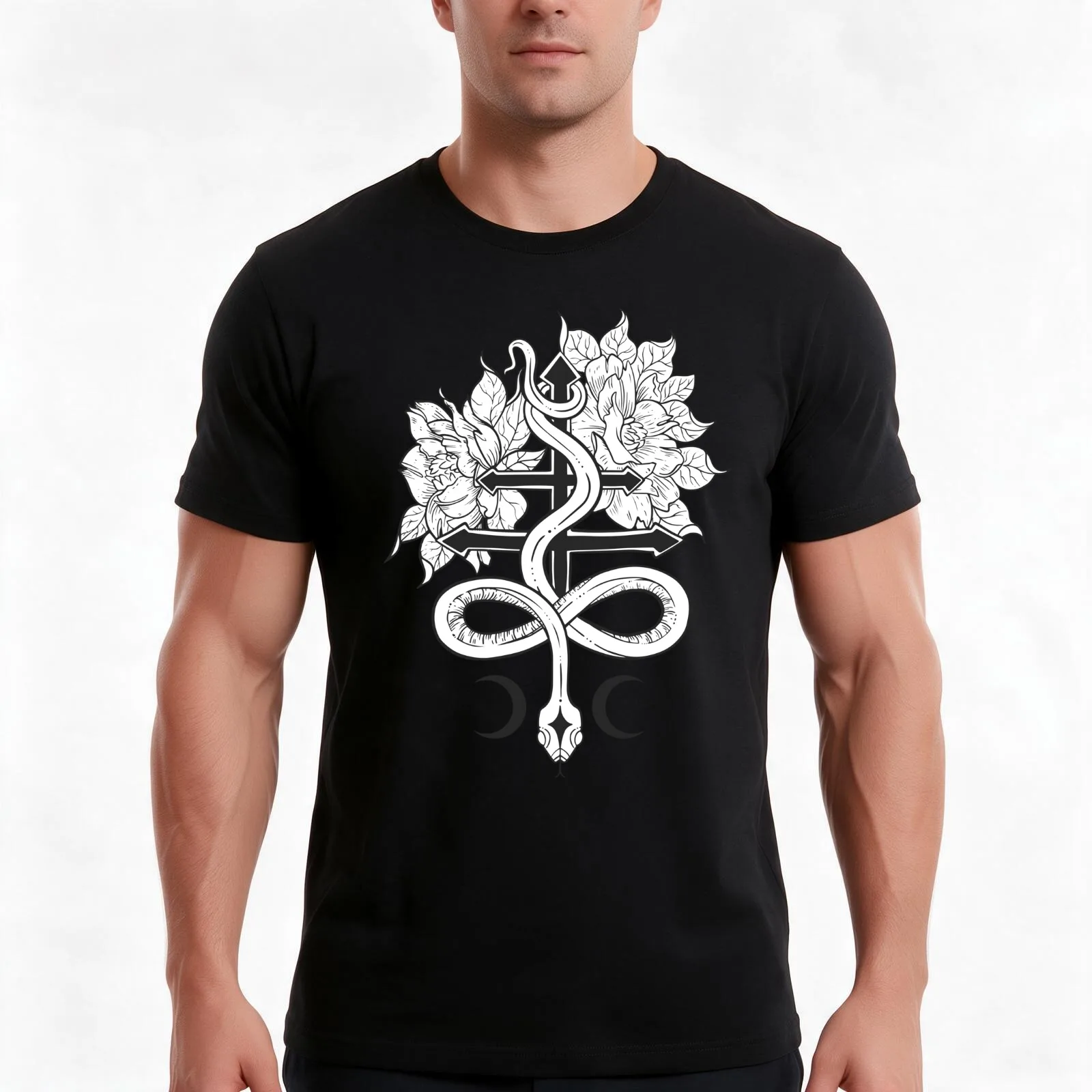 cross of leviathan with a snake and flowers, cross of satan, magic, occult T-Shirt, Summer Casual Cotton Tee, Unisex Men Women