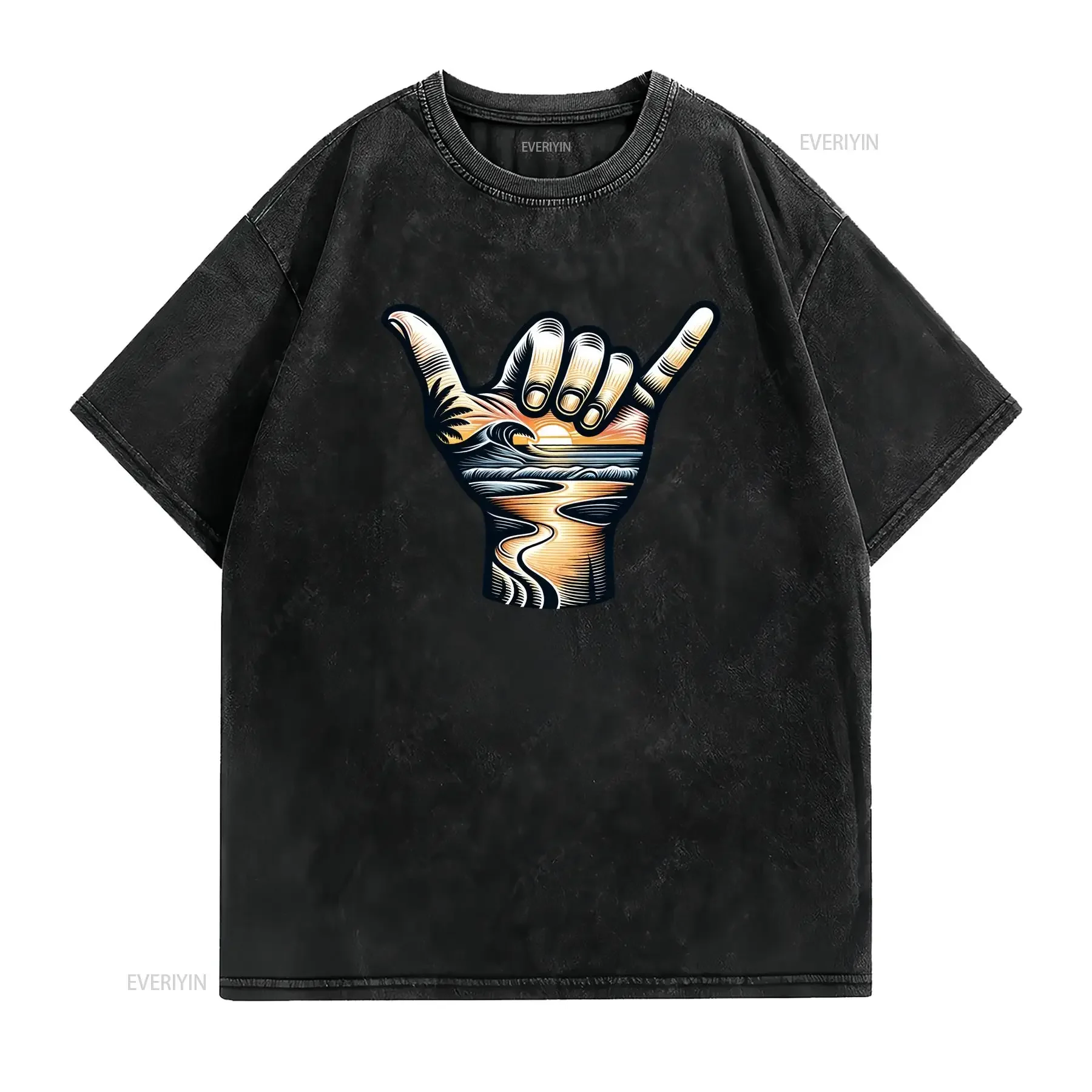 Hang Loose Shaka Sign T Shirt Sunset Beach Ocean Wave Pattern Casual Top Eco Friendly Fashion Summer Surf Idea vintage Washed