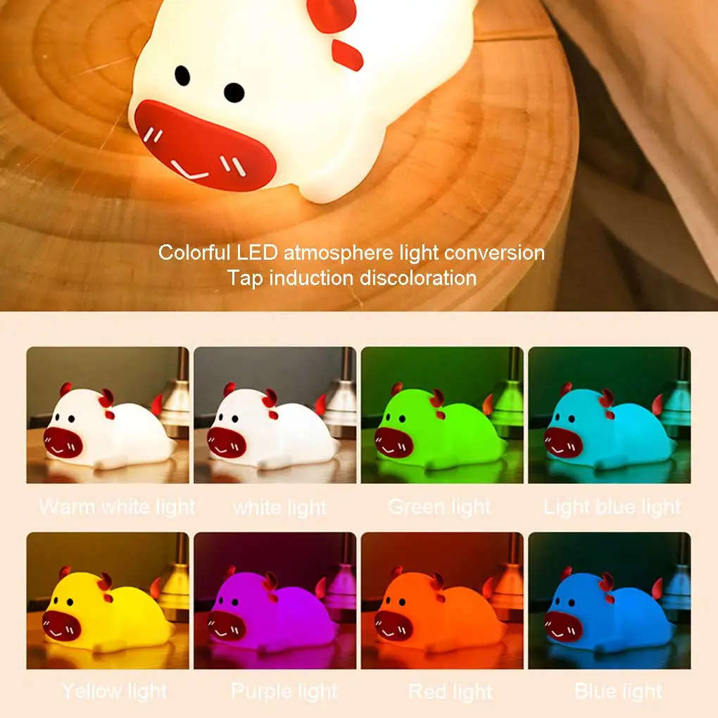 Cute Cow Shape Tap Light Silicone Bedside Table Sensor Lamp Pressure Relief Night-light for Gifts Bedroom Bathroom