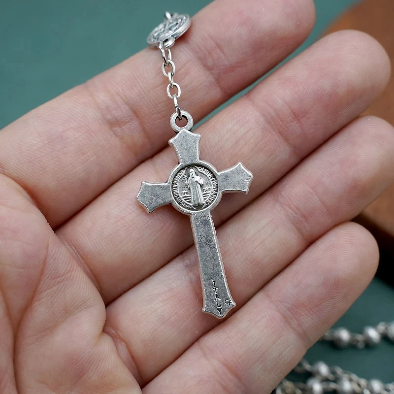 Christian Benedict Jesus Cross Necklace with Pendant Silver Plated Flower Beads Rosary Women Men Chain Fashion Religion Jewelry