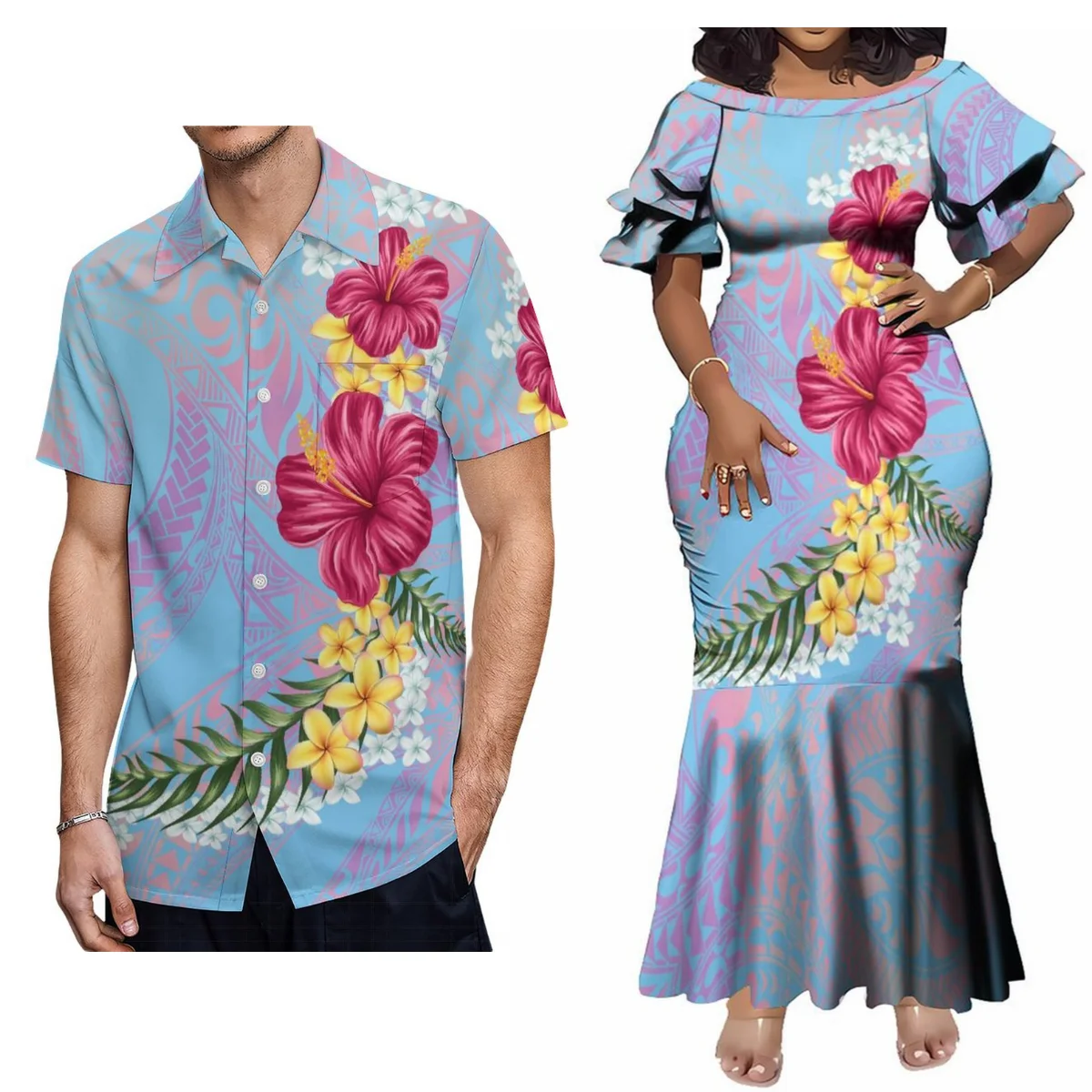 Support Custom Women'S Crew-Neck Dress Midi Party Fishtail Long Dress Polynesian Samoan Couple Suit Matching Men'S Aloha Shirt