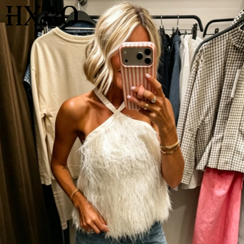 HXAO White Halter Top Women Summer 2026 Lady Fashion Sleeveless Backless Tank Top Fluffy Metallic Thread Vest Elegant Party Tops