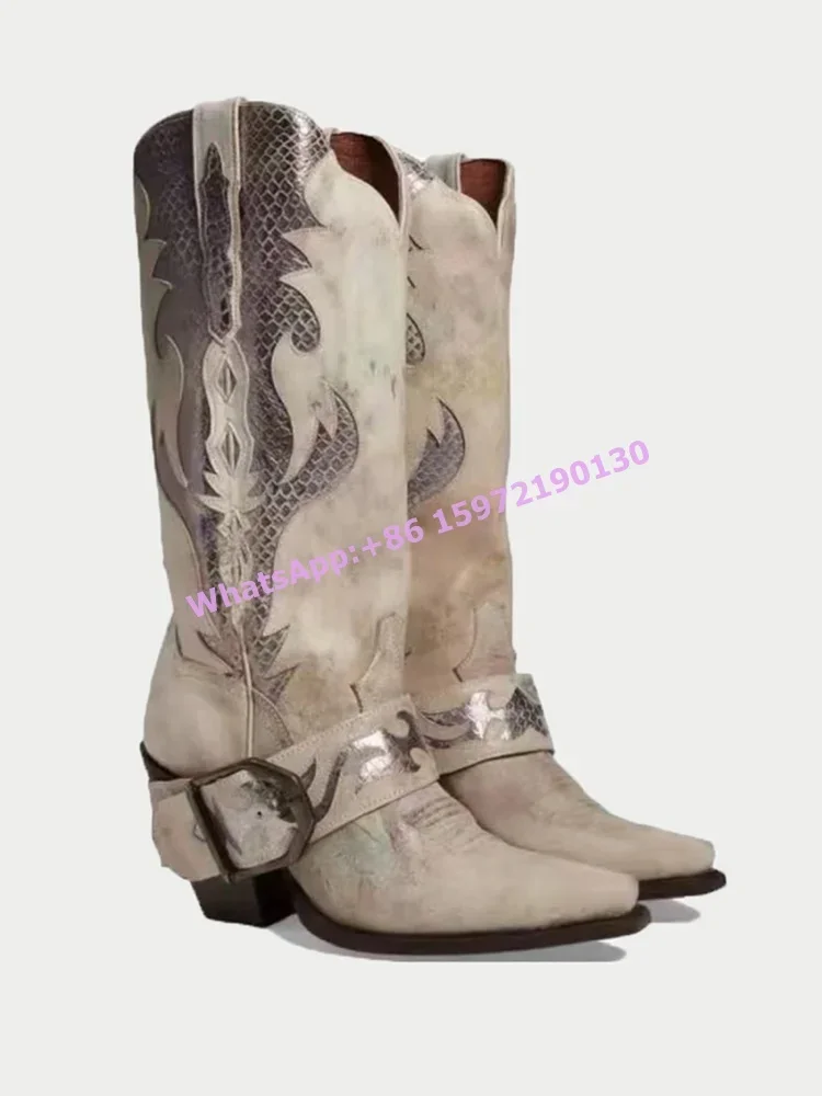 Patchwork Retro Modern Boots Snakeskin Buckle Belt Western Style Cowgirls Boots Fashion Chunky Heels Sewing Knee High Boots 2025