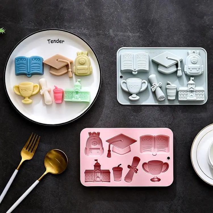 School Theme Silicone Mould, 7 Cavity Design with Graduation Cap, Trophy, Backpack Fondant Candy Chocolate Mould Cake Decoration