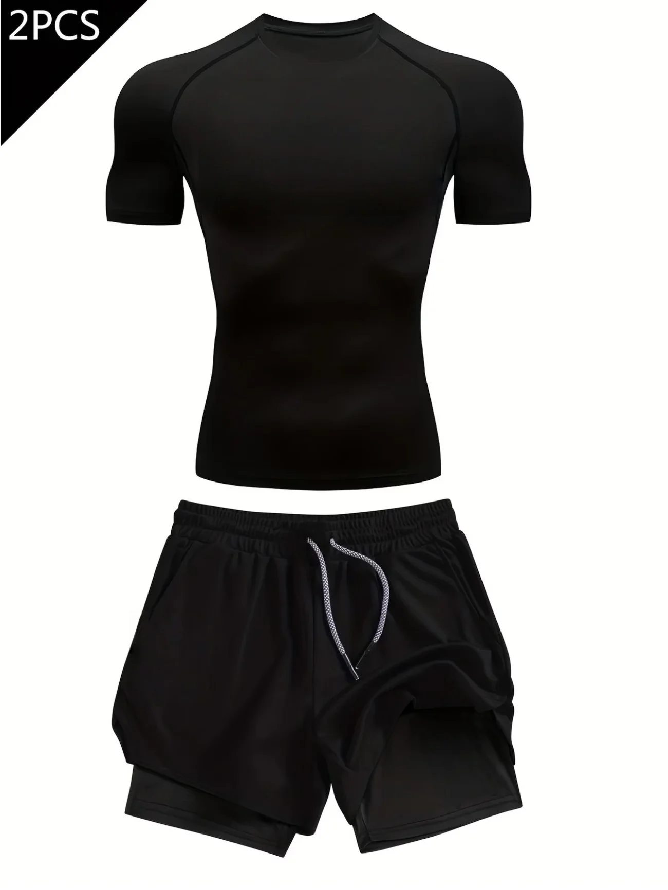 Men's fitness workout set, including a short-sleeve fitness T-shirt and double-layer athletic shorts