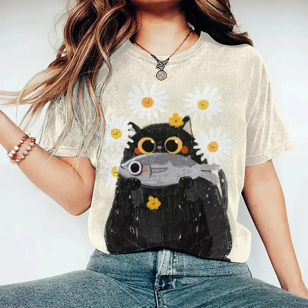 Casual Short Sleeve Tee Fashion Streetwear Cute Girl Female Oversized Clothing Women's T Shirt Cartoon Cat Pattern Print