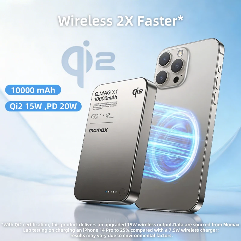 MOMAX Qi2 Magnetic Power Bank 10000mah 15W Wireless Charging 22.5W Wired Charge Qi2-Certified for iPhone 16 15 14 13 12 Pro Max