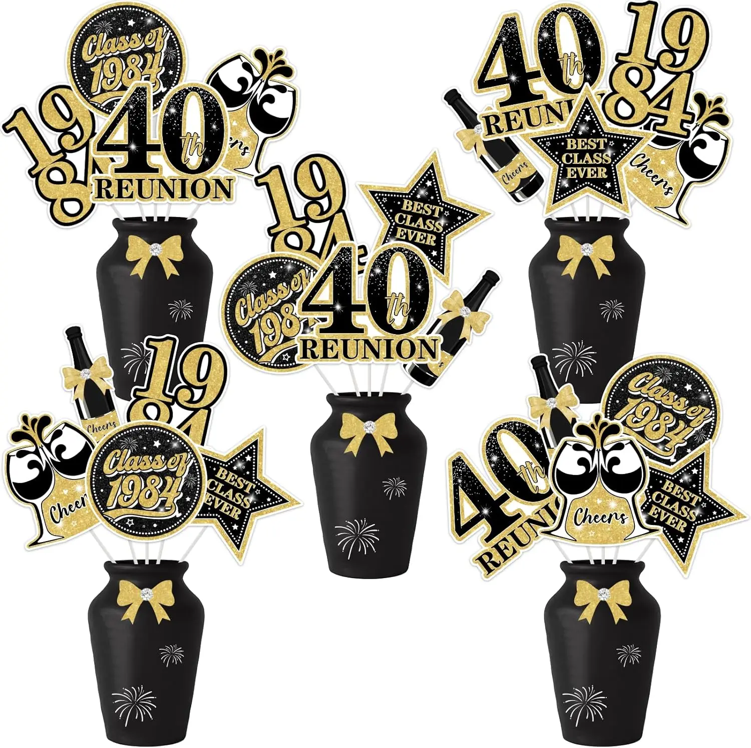 FUNMEMOIR  24 Pcs 40 Year Class Reunion Centerpiece Sticks Black and Gold Double-Sided for Class Welcome Back Party Decorations