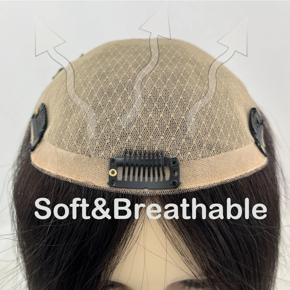 Silk Top Human Hair Topper Dark Brown with Fringe Virgin European Hair Silky Straight Soft Breathable Silk Base With Clips in