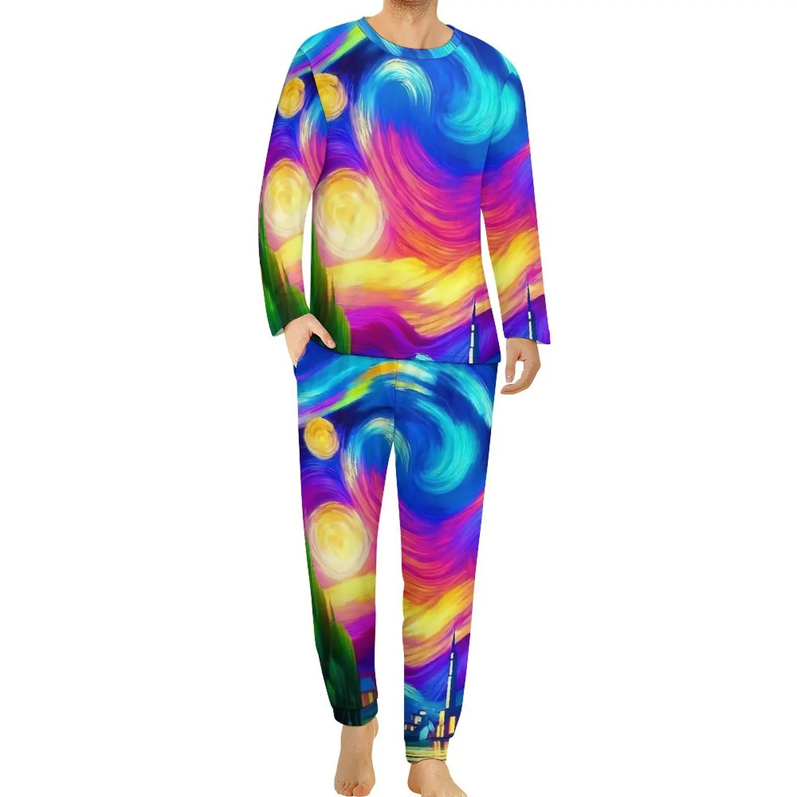 Starry Night Pajamas Abstract Whorls Men Long Sleeves Retro Pajamas Set 2 Pieces Bedroom Daily Graphic Nightwear Birthday Gift