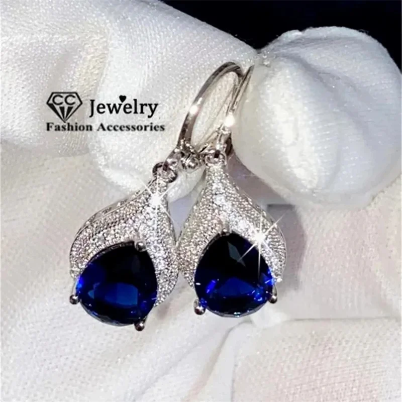 CC Stud Drop Earrings for Women Blue Created Sapphire Fine Vintage Jewelry Dangle Ear Accessories Party CCE020