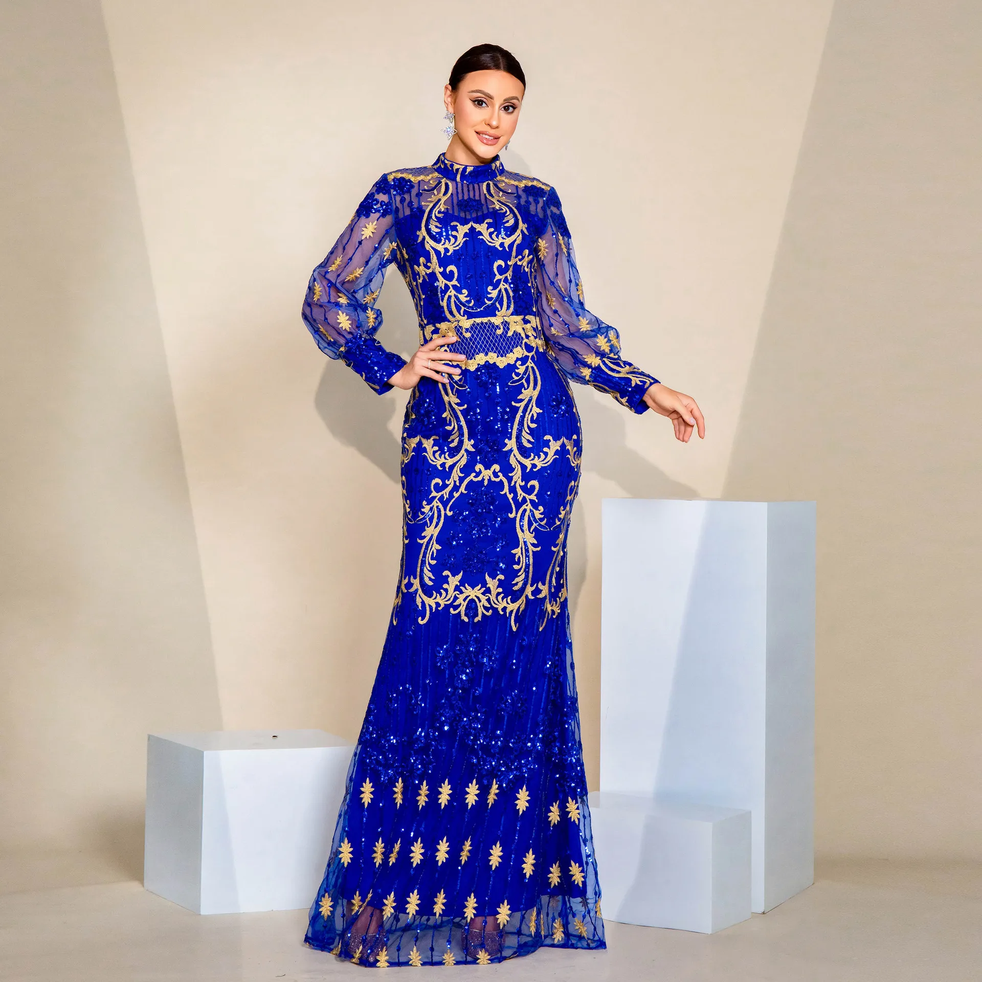 

Women Elegant Blue Print Sequin Prom Maxi Dress Long Lantern Mesh Sleeve Bodycon Mermaid Sexy Party Long Evening Vestidos