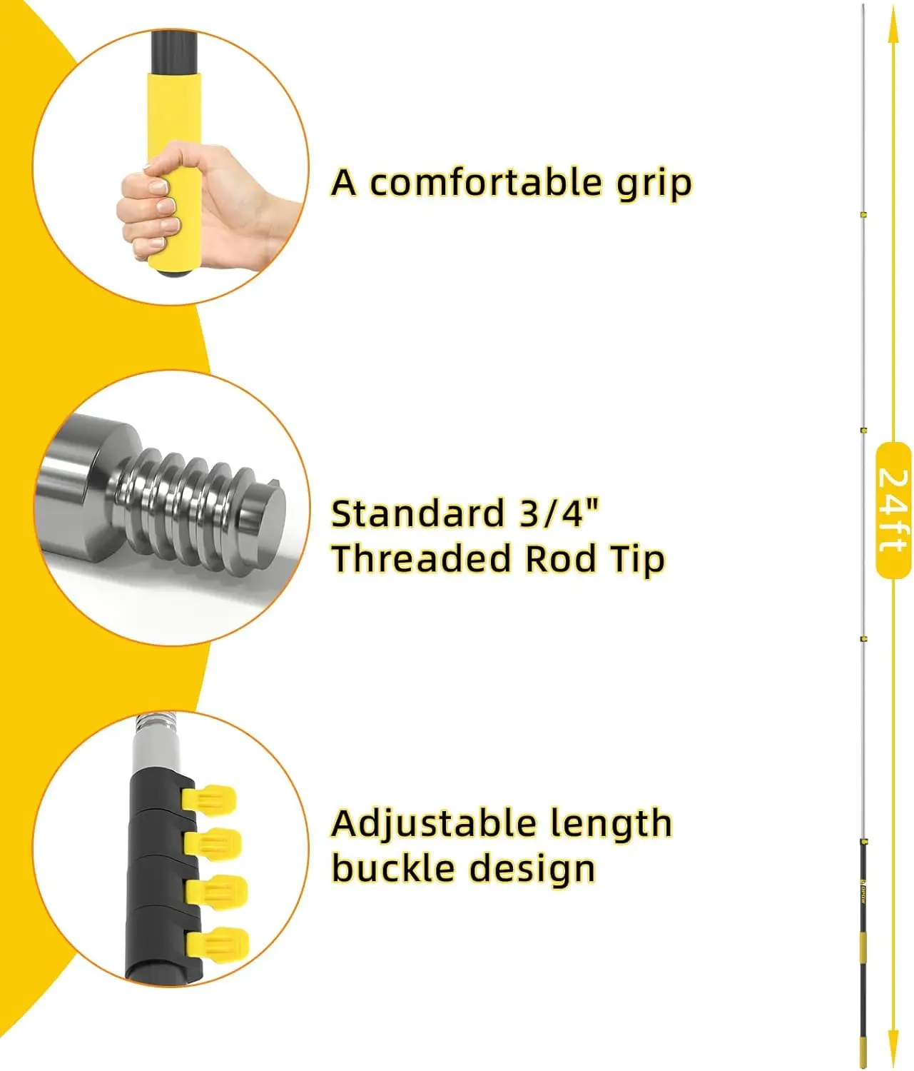 Polo de extensão telescópico multiuso longo, ponta de metal universal Twist-on, pólo telescópico leve e resistente, 7 pés a 24 pés