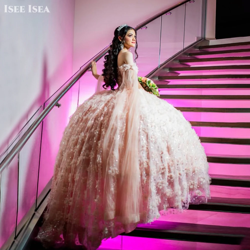 

Pink Quinceanera Dress Cap Sleeve Ball Gown 3D Floral Lace Ruffles vestidos de 15 quinceañera Princess Birthday Party Customized