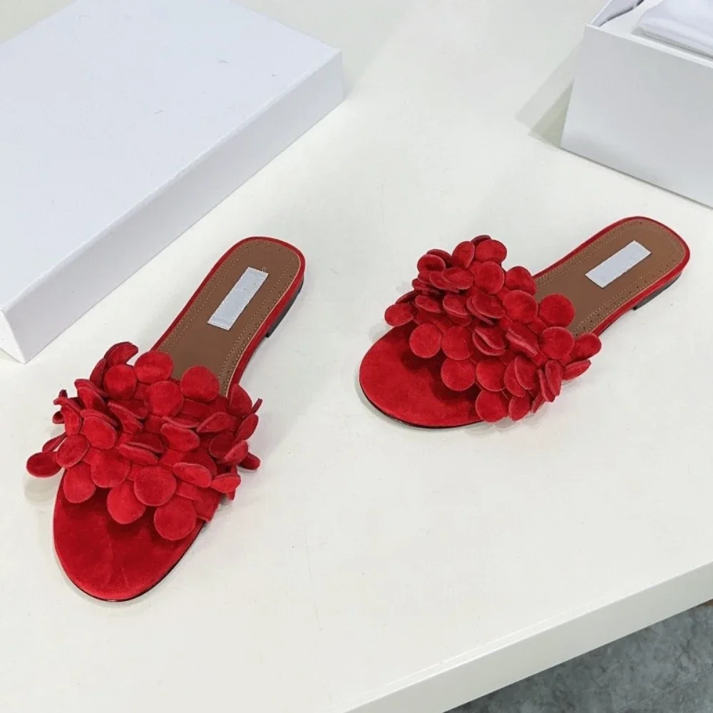 

High quality summer one line sandals for women wearing elegant leather flat bottomed open toe slippers for women mules ladies