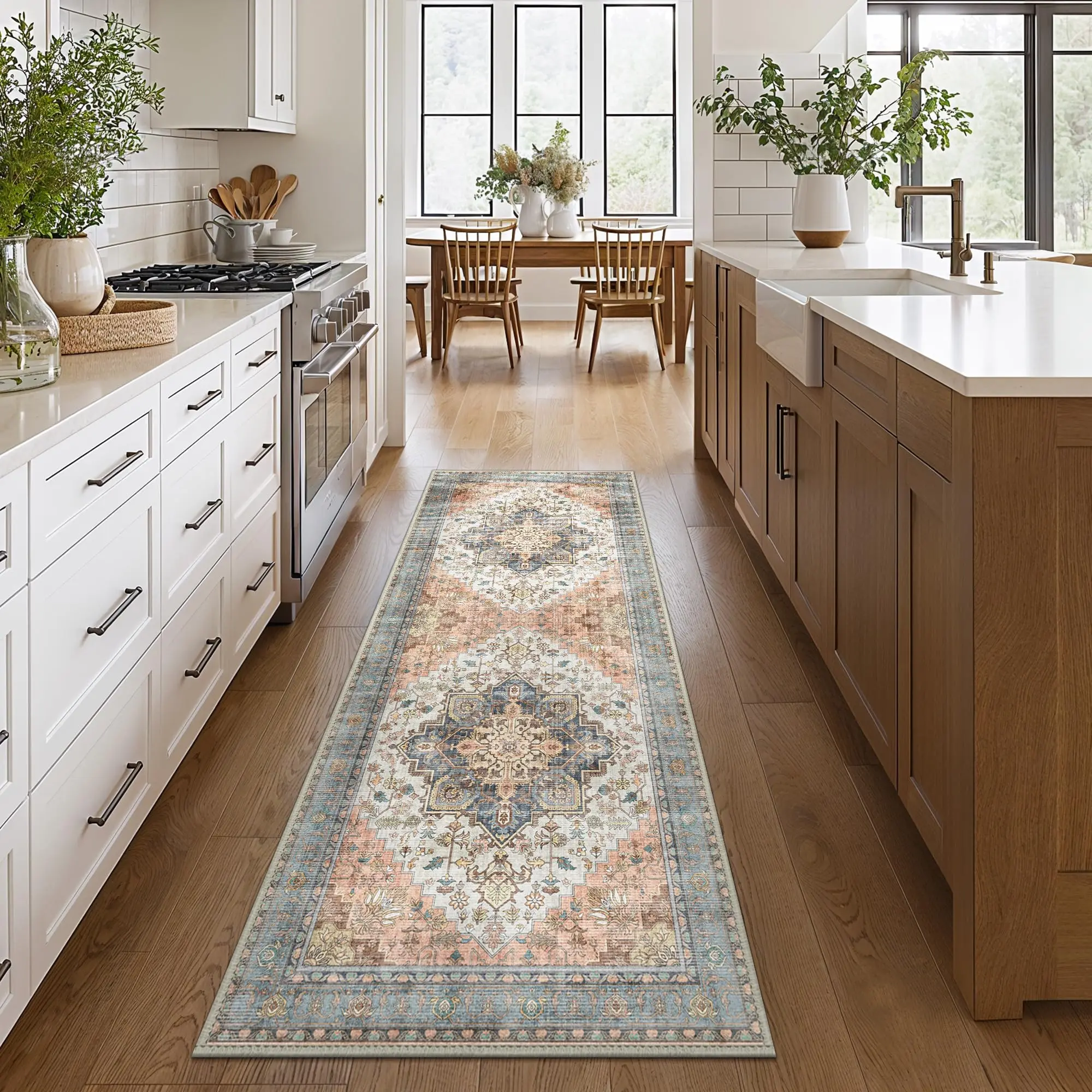 VIKAMA Hallway Runner Rugs Machine Washable Non Slip Vintage Retro Rugs,Low Pile Lightweight Soft Print Rug for Home Decoration