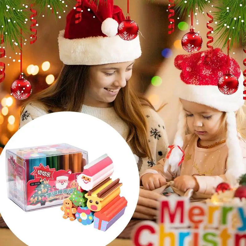 Christmas Character Eraser Set Of 6 Long Novelty Christmas Erasers Colorful Santa Pencil Erasers Cute Christmas Tree Erasers 3D