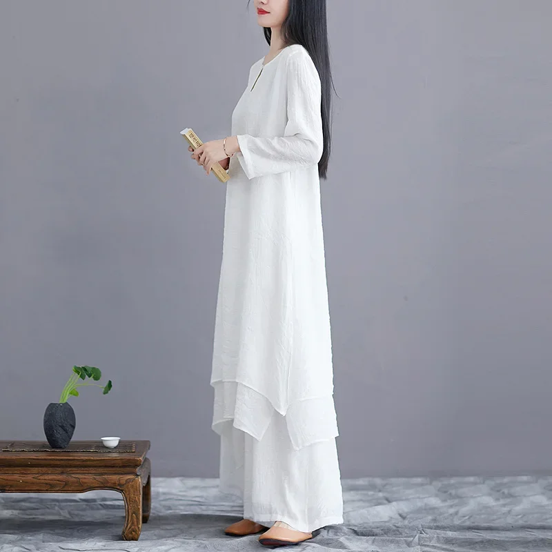 White Simple Solid Zen Casual Set Clothing Women Long Top Wide Leg Pants Two Pieces Chinese Styles Vintage Ethnic Style Harajuku