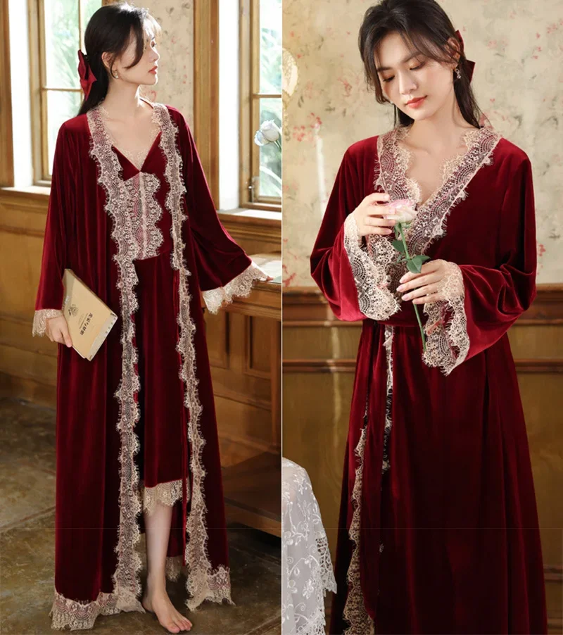 Elegant Sleepwear Lace V-Neck Velvet Night Dress Robes for Women Two Pieces Autumn Winter Nightwear Vintage Princess Nightgowns